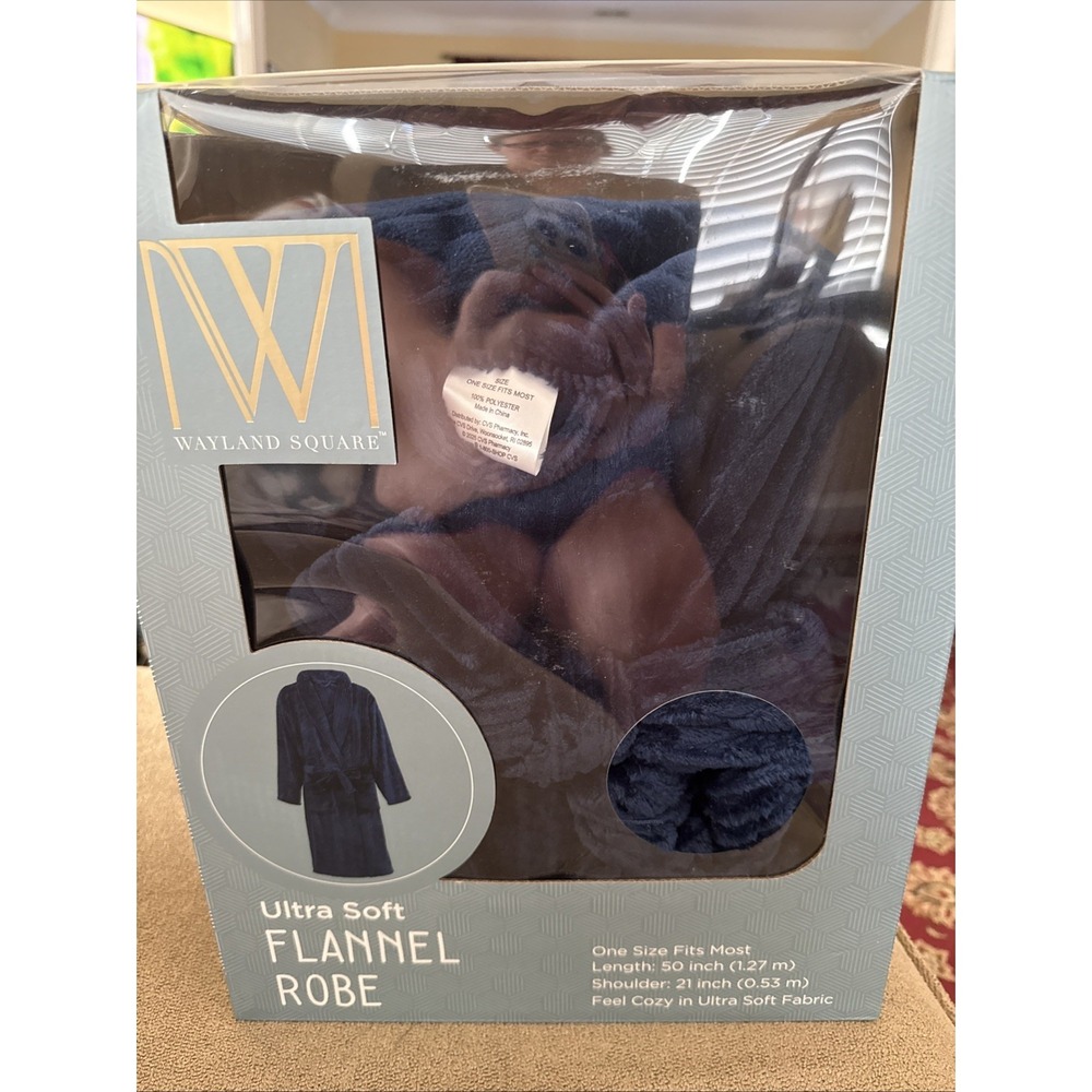 NEW WAYLAND SQUARE ULTRA SOFT FLANNEL BATH ROBE 50" LONG NAVY BLUE ONE SIZE (AH)